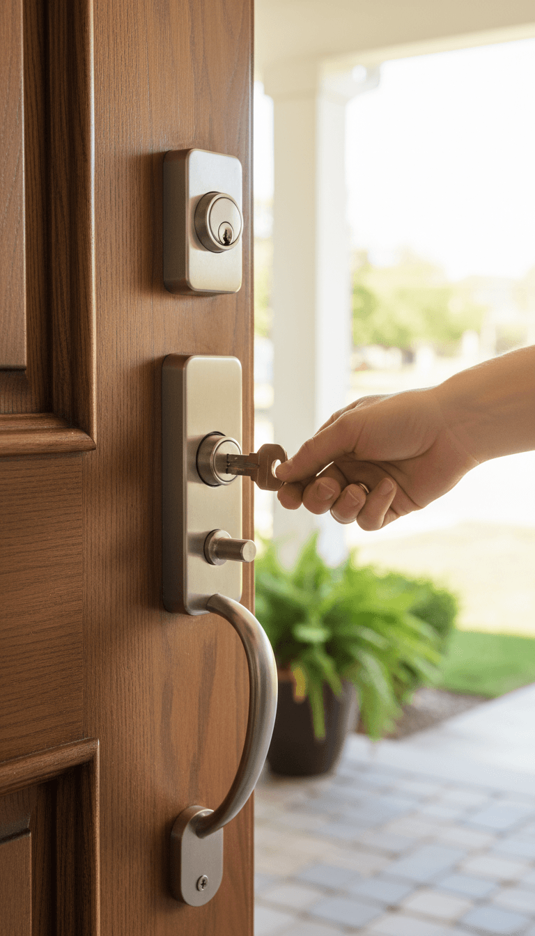 Homeowner using upgraded high-security lock on front door