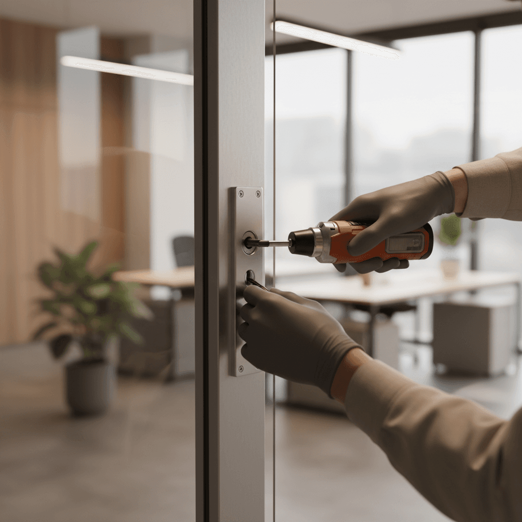 Professional lock installation on commercial office door