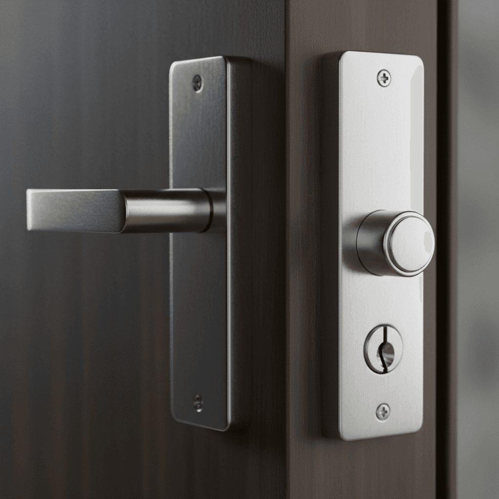 Modern chrome lever handle lock mechanism