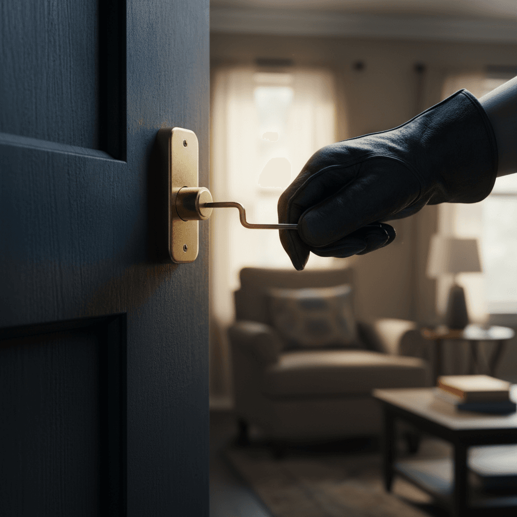 Locksmith using professional tools on a residential door lock