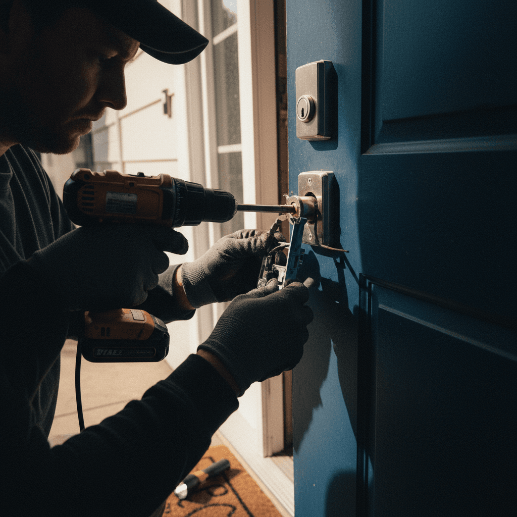 Locksmith rapidly installing a new lock on a residential front door