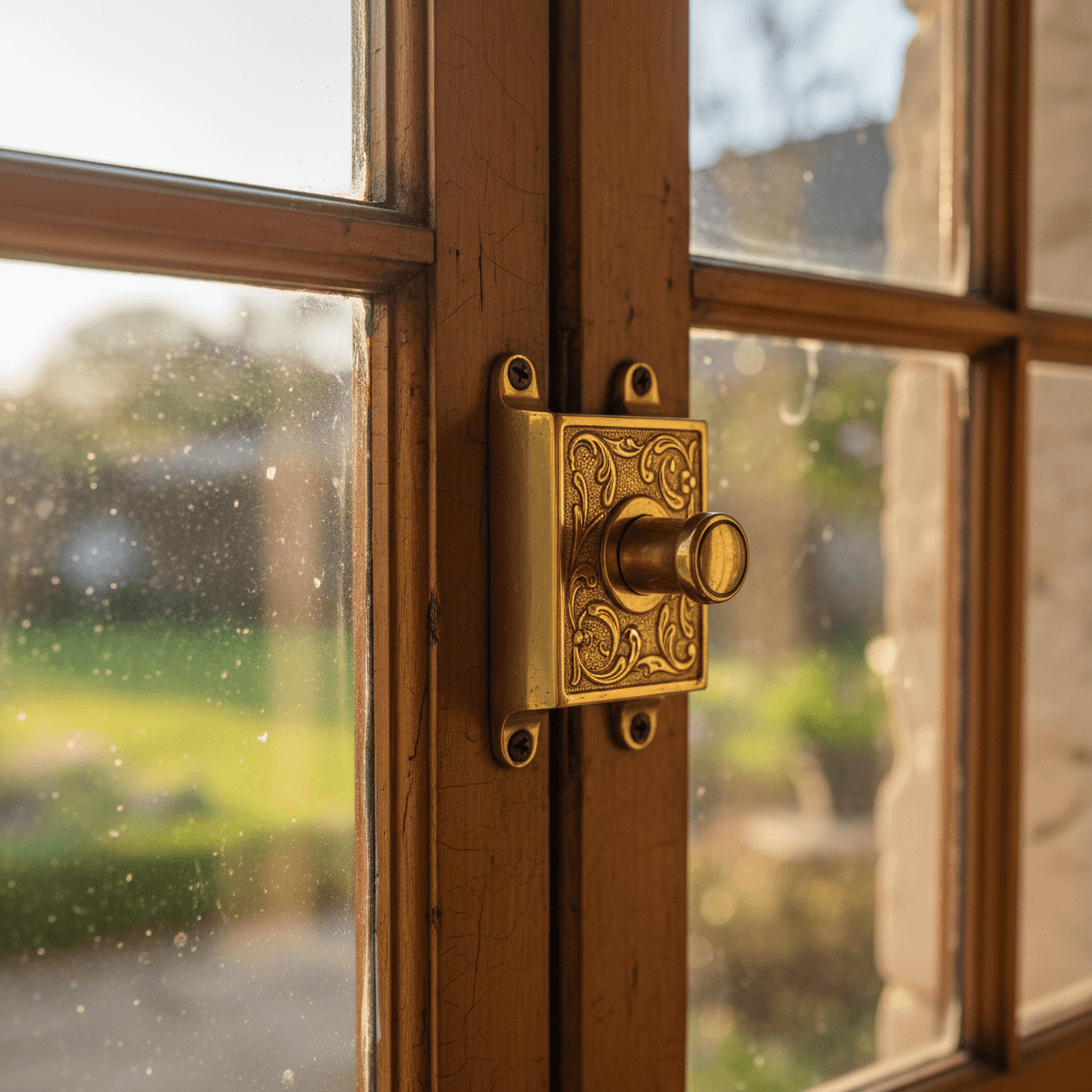 Traditional sash window lock on wooden frame