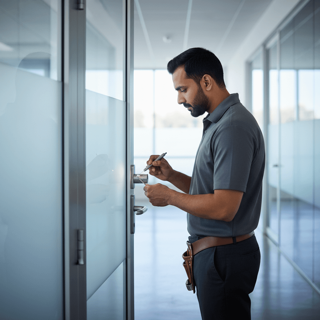 Locksmith assessing a commercial office door lock