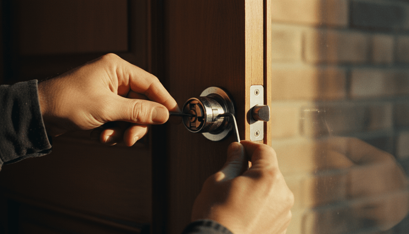 Professional locksmith working on residential door lock