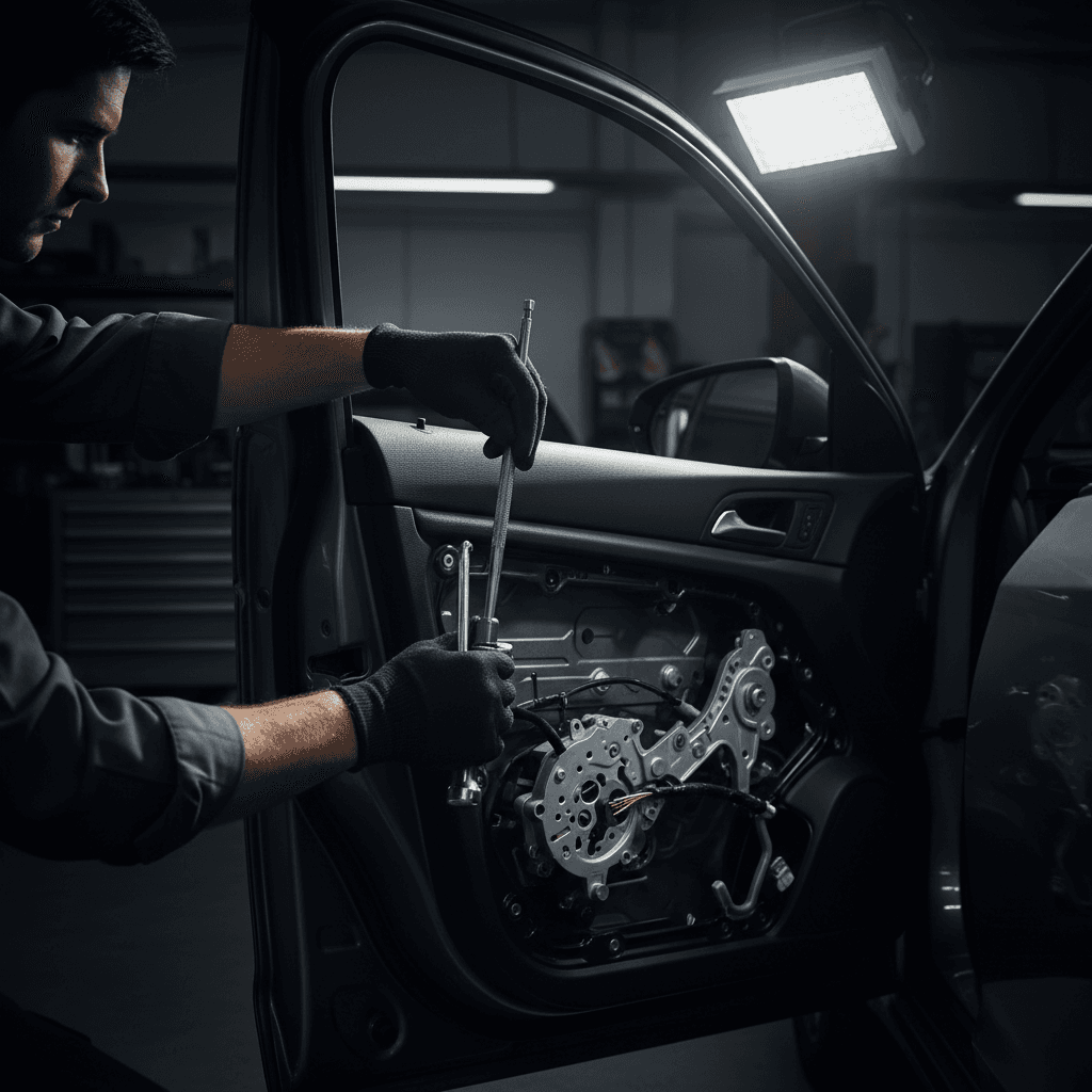 Automotive locksmith repairing a car door lock mechanism