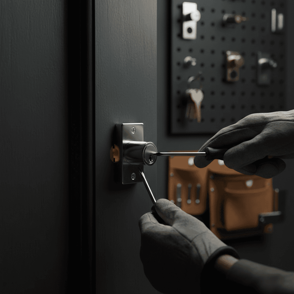 Deadbolt lock being professionally installed into a residential door