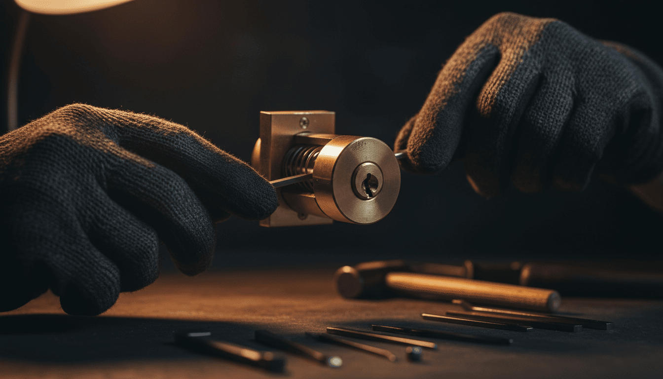 Professional locksmith using specialized tools to unlock a residential deadbolt