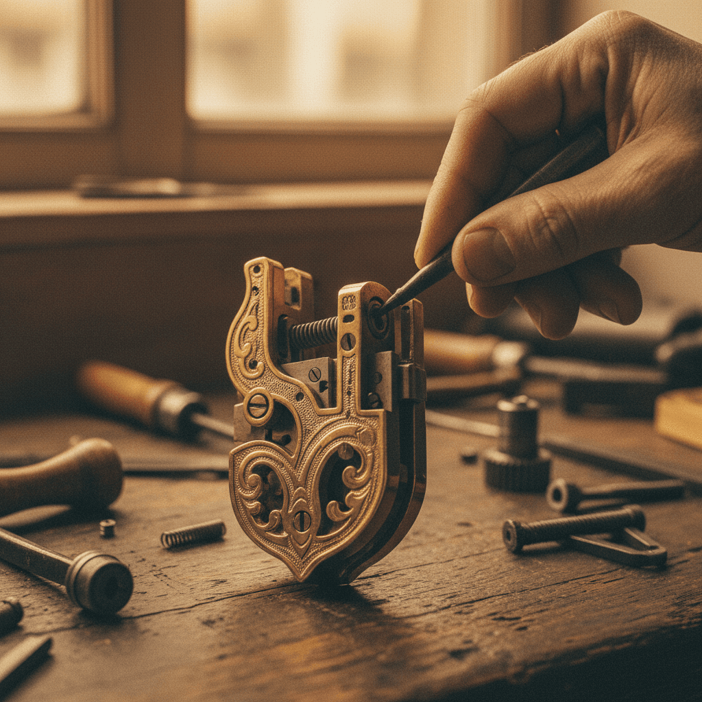 Mortice lock mechanism being professionally serviced and repaired