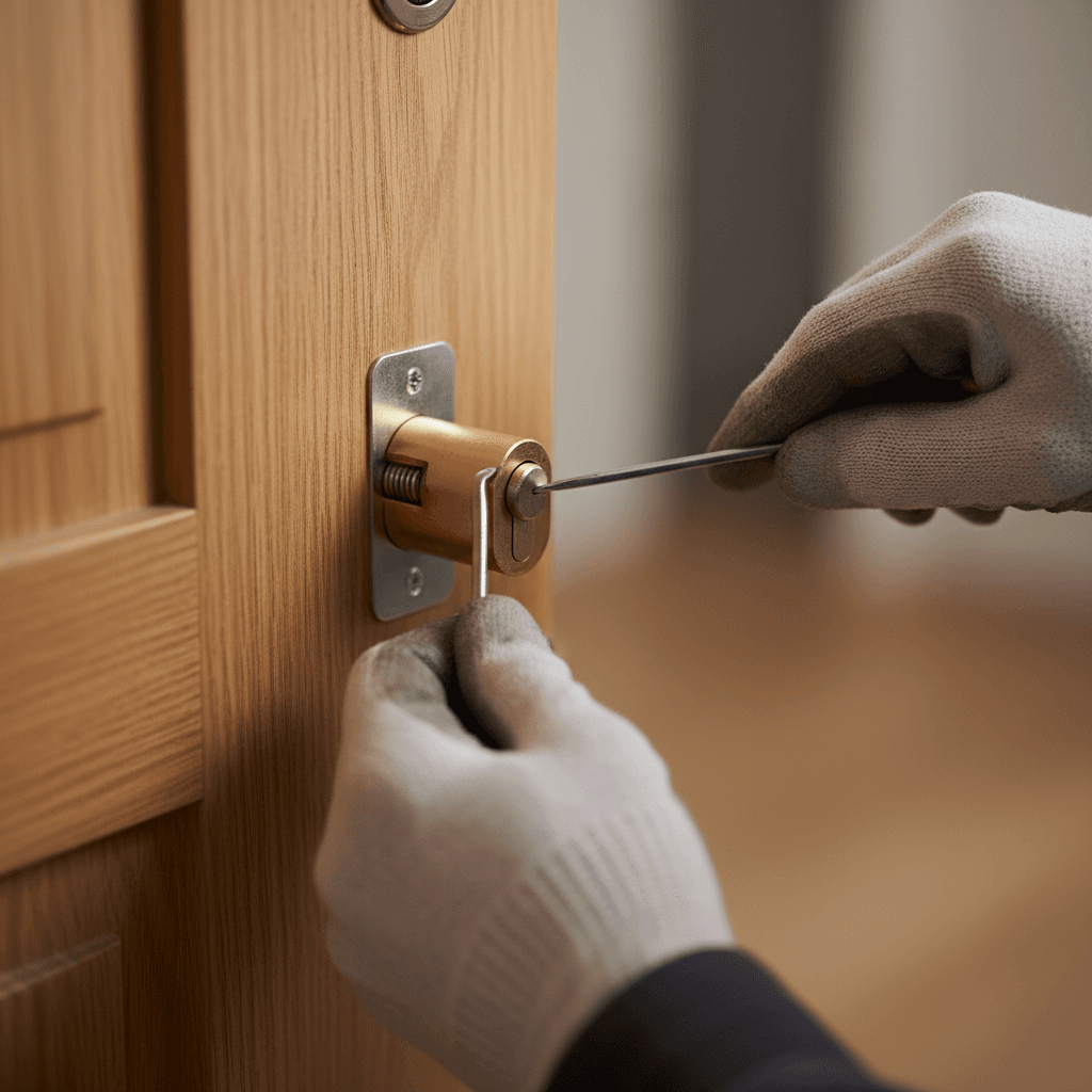 Professional lock replacement installation on residential door