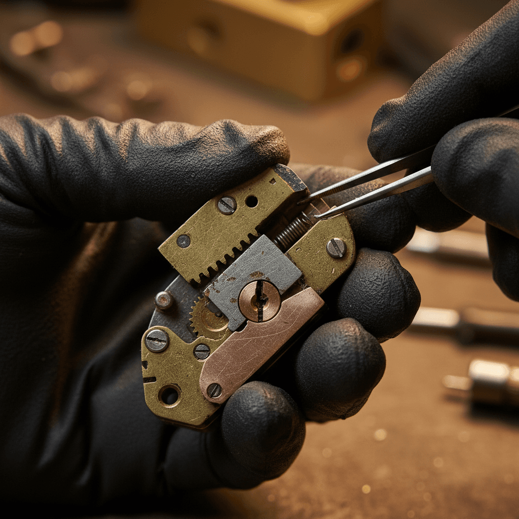 Locksmith examining and repairing damaged lock components