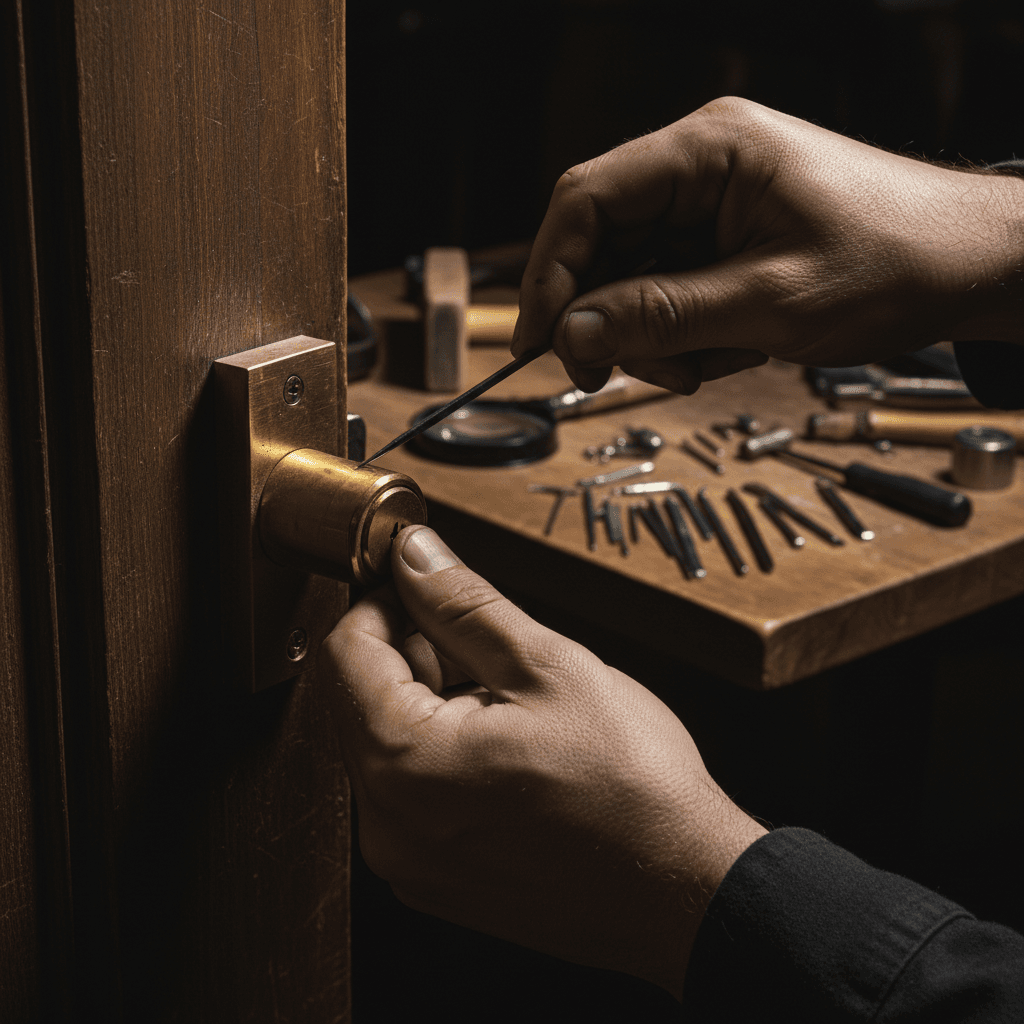 Locksmith inspecting and repairing a damaged deadbolt lock