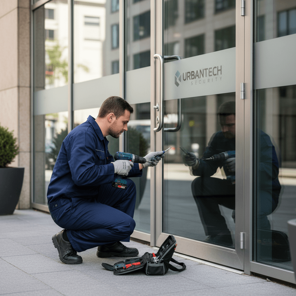 Commercial locksmith service at business entrance