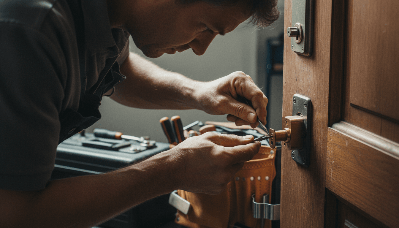 Locksmith technician repairing internal lock mechanism with precision tools